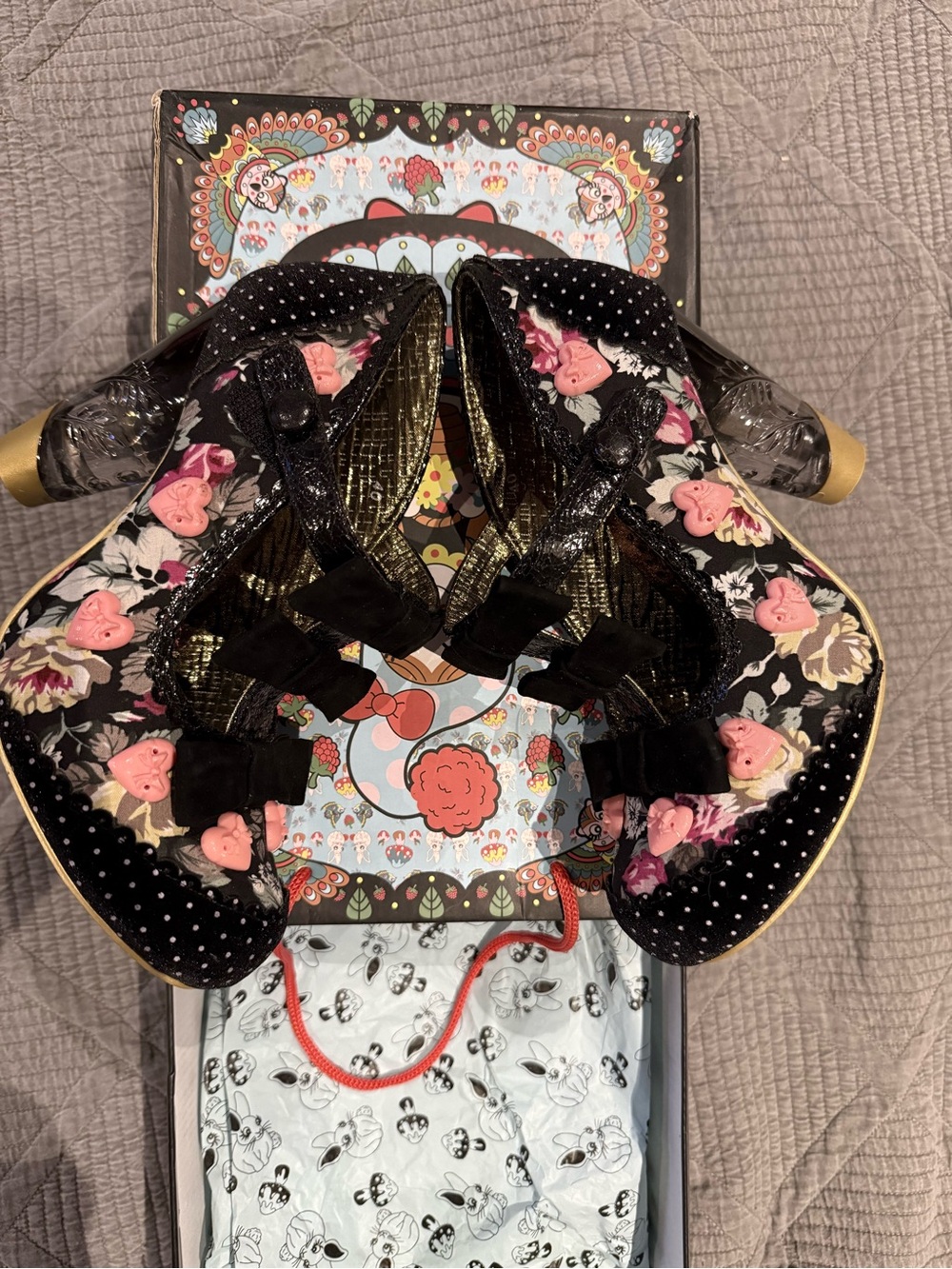 Irregular Choice Black Floral Bow Mary Jane Heels with Pink Accents